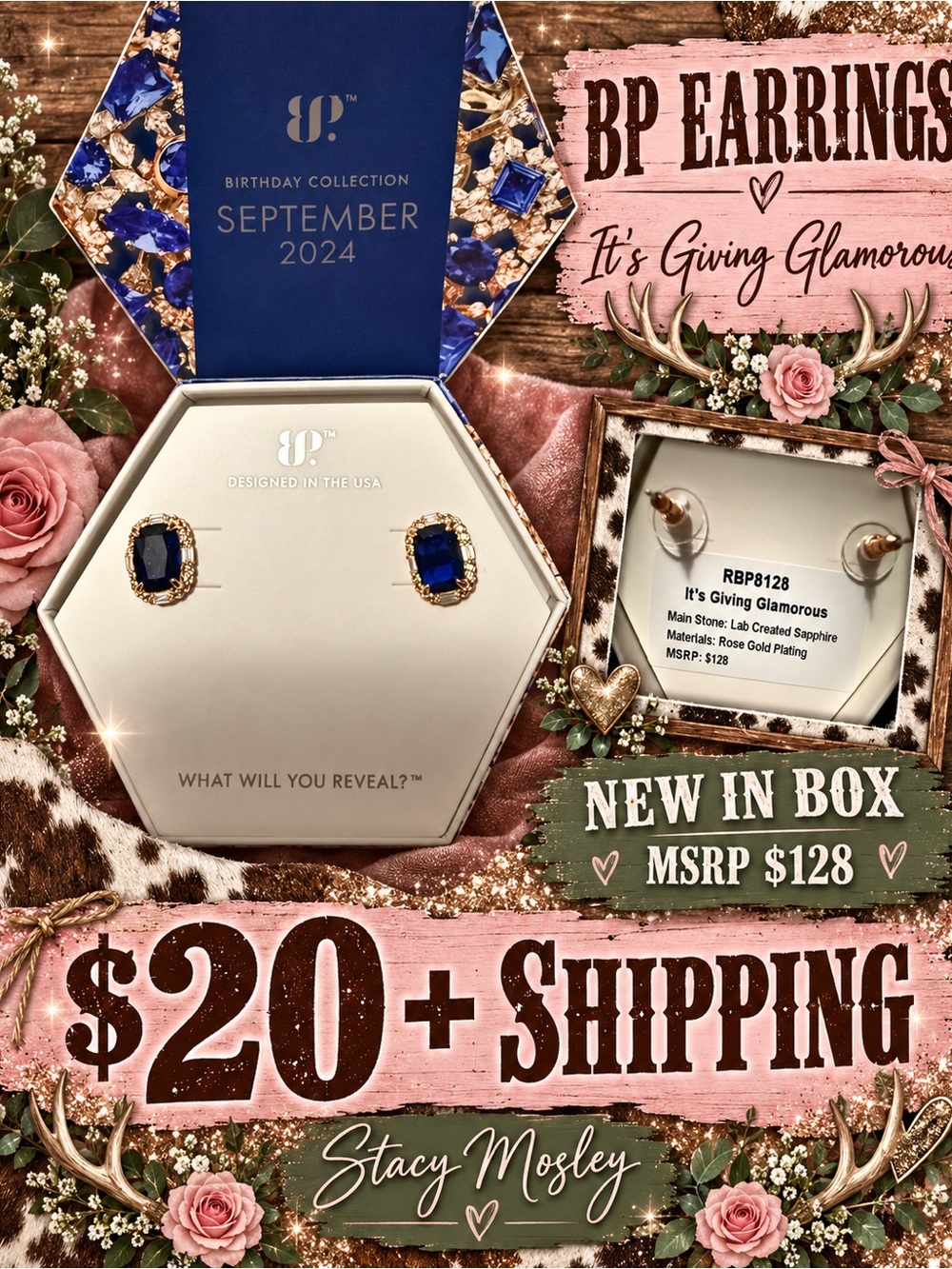 bp Rose Gold Plated Stud Earrings with Deep Blue Stones